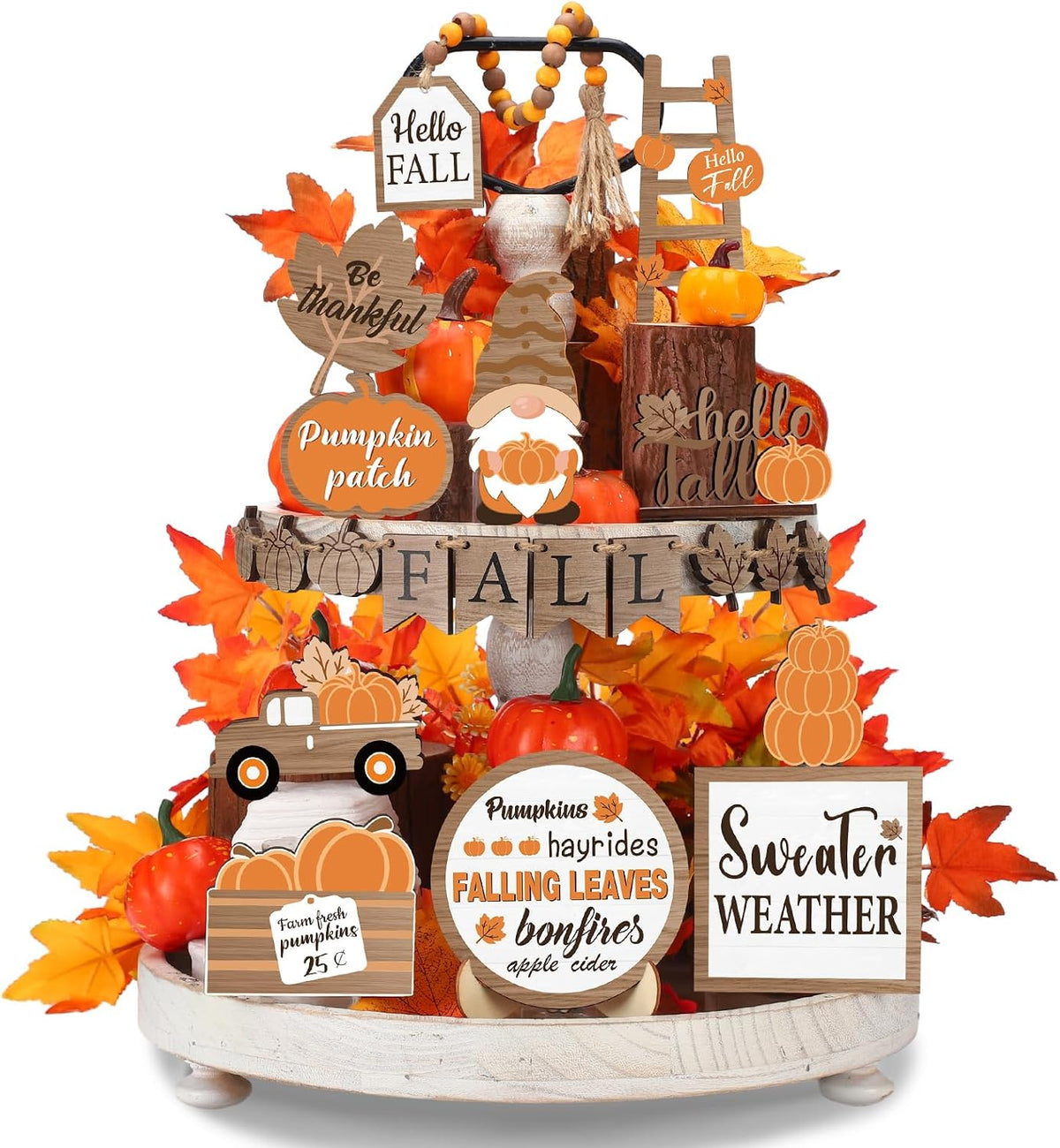 Maitys 21 Pcs Fall Tiered Tray Decor Set Hello Fall Pumpkin Gnome Truck Wood Sign Rustic Farmhouse Thanksgiving Wood Bead Decorative Tabletop Sign for Home Autumn Thanksgiving Harvest Table Shelf