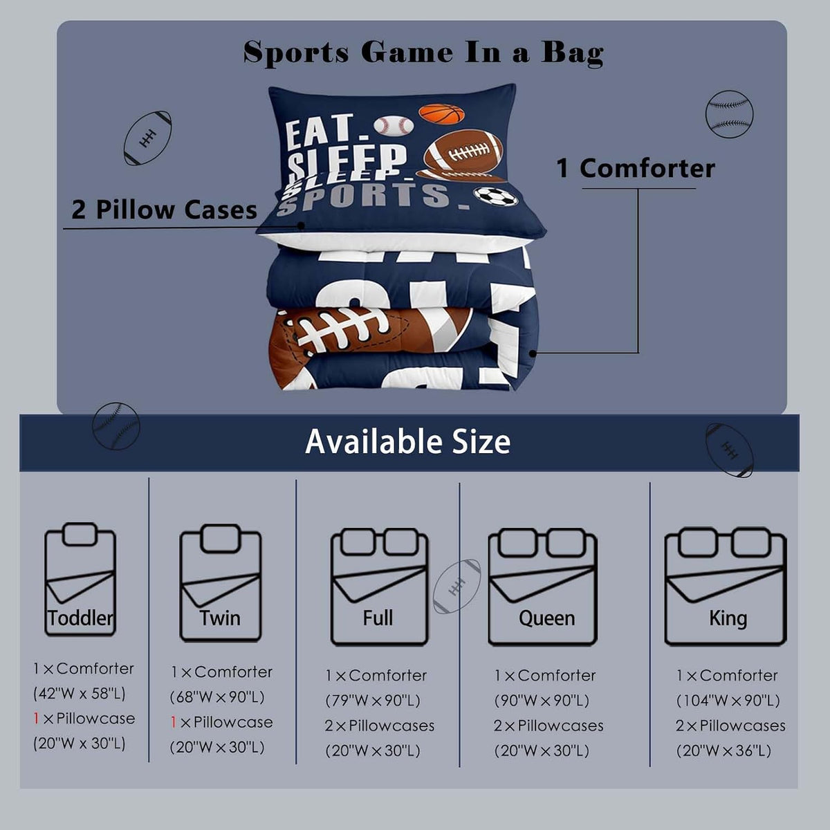 Feelyou Football Comforter Set Twin Size Kids Basketball Baseball Soccer Comforter for Boys Girls Sports Theme Bedding Set Breathable Soft Navy Blue Duvet Quilted Ball Game Room Decor