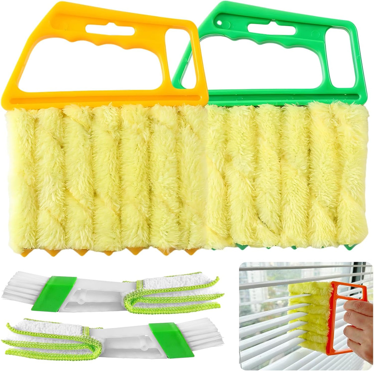 4 Pack Window Blind Cleaner Duster Tool, 7 Finger Venetian Scrub Brush with Washable Microfiber Sleeves, Color Coded Cleaning Kit for Mini Vertical Blinds, Air Conditioner Vents and Fans