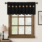 FRAMICS Farmhouse Valance Curtains, Boho Cotton Linen Kitchen Valance, Black Rustic Button Window Valances for Kitchen Bathroom, Rod Pocket Valances for Windows, Black, 52 x 18 Inch