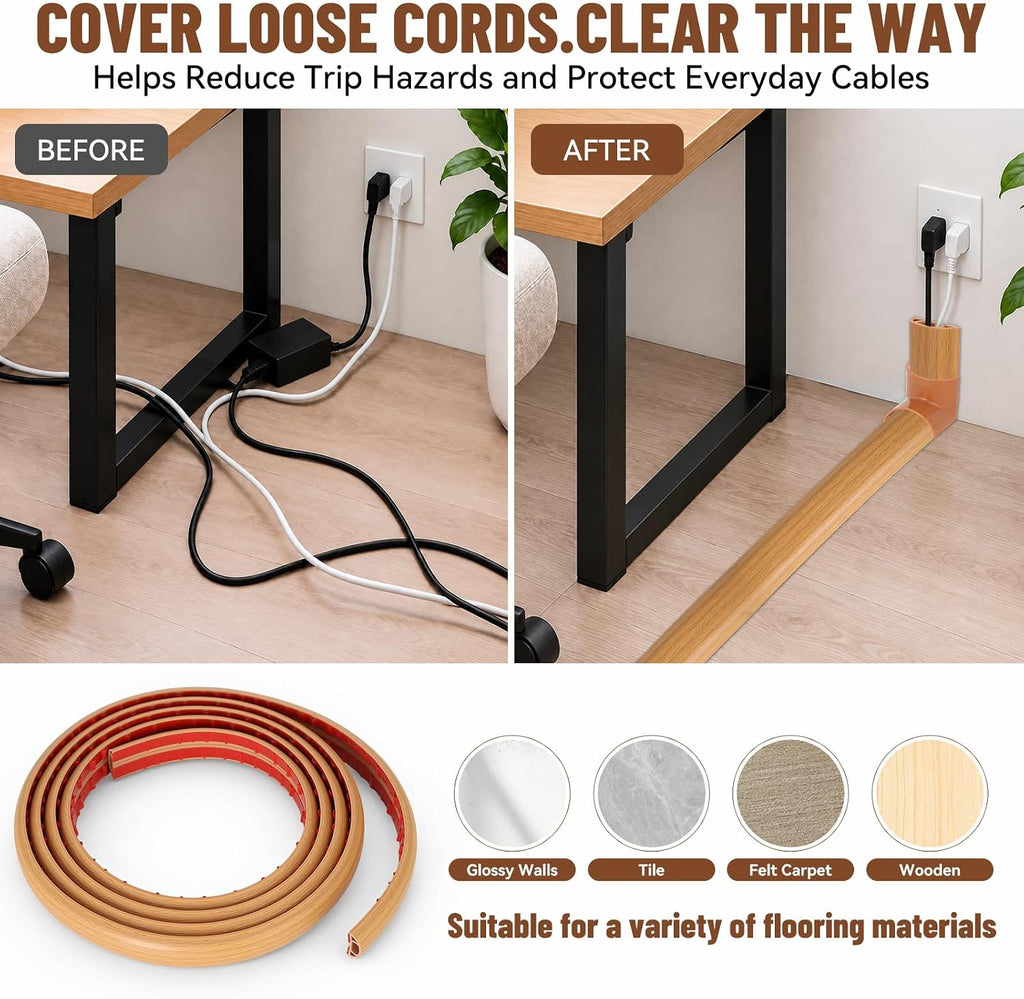 Floor Cord Cover Self Adhesive Cord Hider, Cable Management, Extension Strip Protector for Wires (Light Brown Wood Grain, 1.18" x 20')