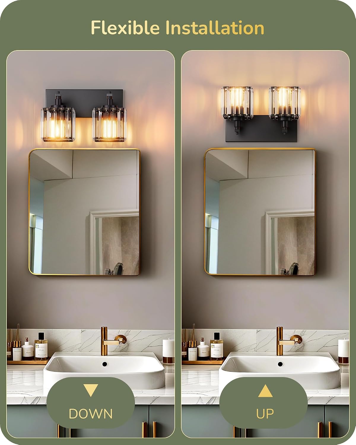 EDISHINE 2-Light Black Bathroom Vanity Light, Crystal Sconce Over Mirror