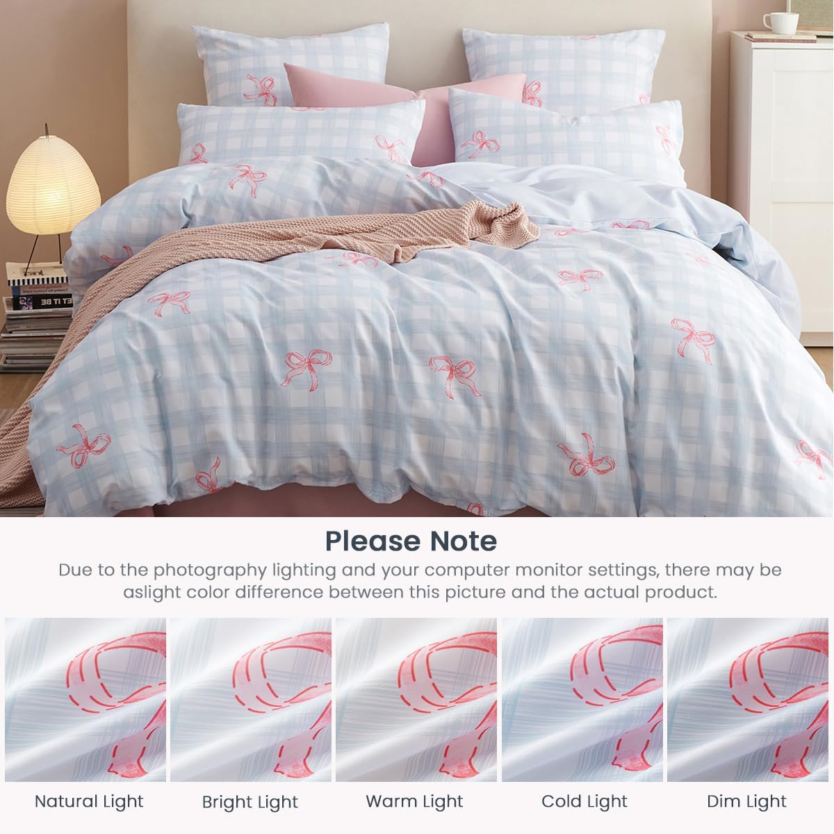 Blue Plaid Twin Comforter Set Pink Bow, Soft Microfiber Bedding