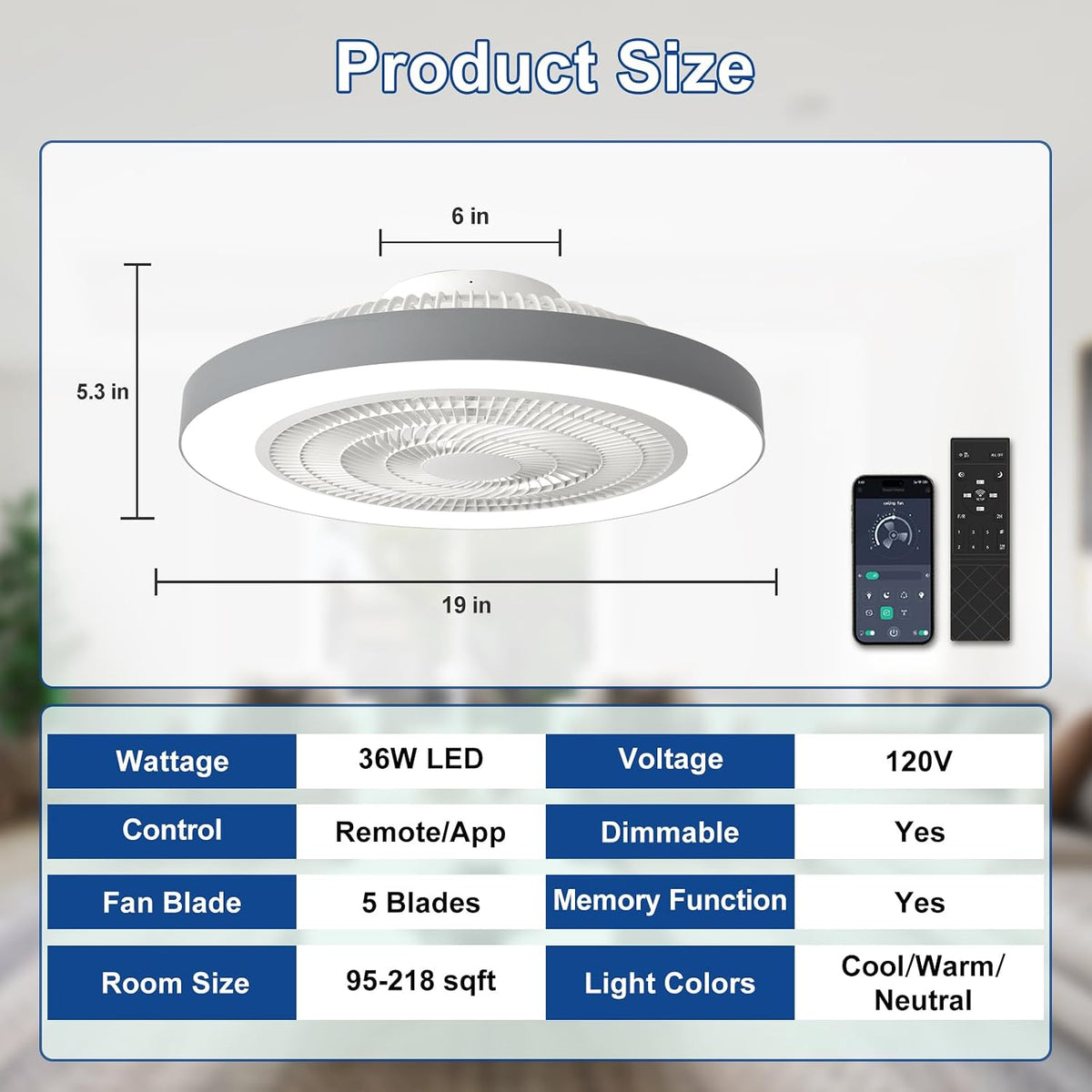 Depuley LED Ceiling Fan with Light: 19" Modern Flush Mount Low Profile Ceiling Fans with Remote & Smart APP Control - Grey Bladeless Fandelier Dimmable Quiet DC Motor for Bedroom Kids Room 6 Speeds