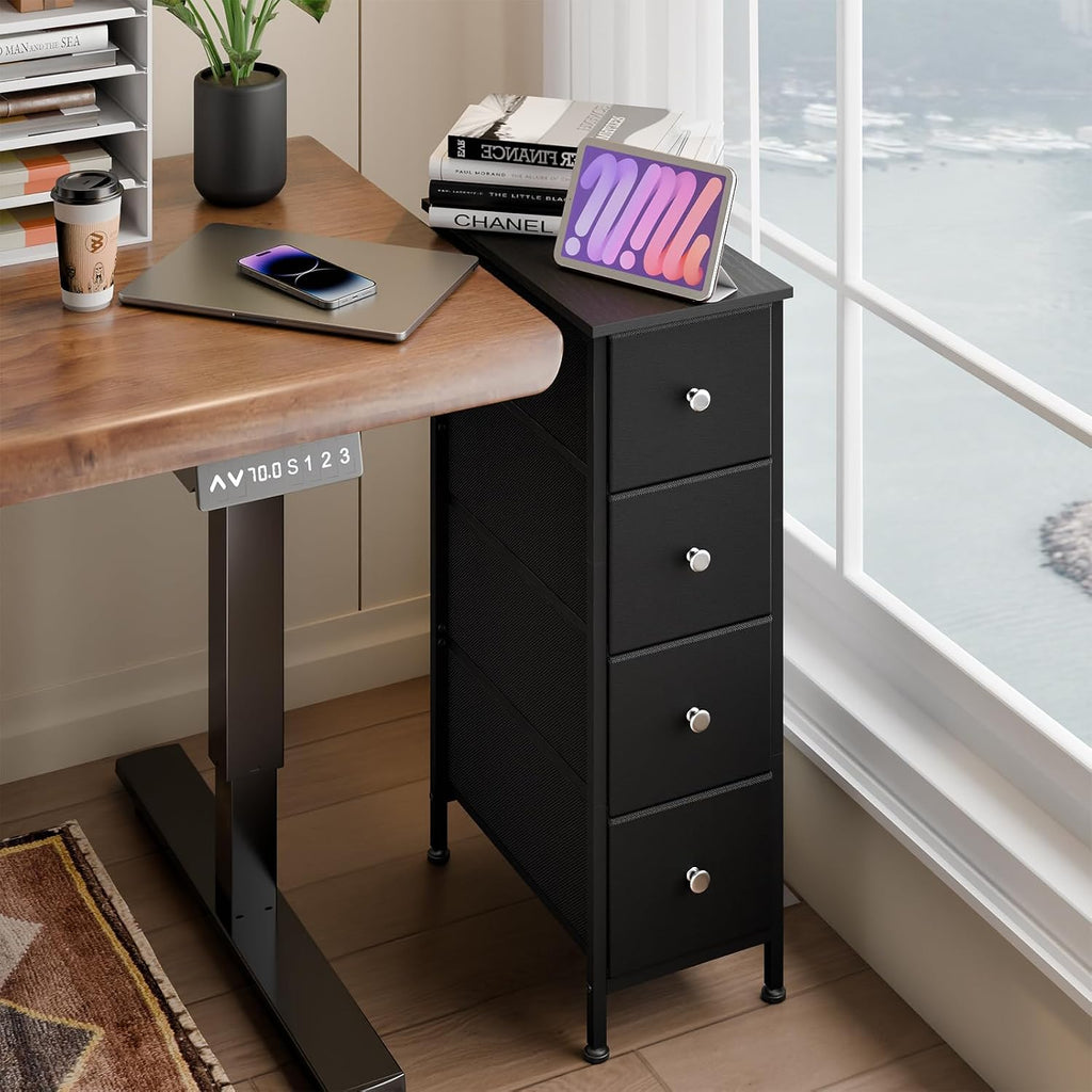 Fixwal Narrow Storage Cabinet, Slim Dresser with 4 Fabric Drawers, Black