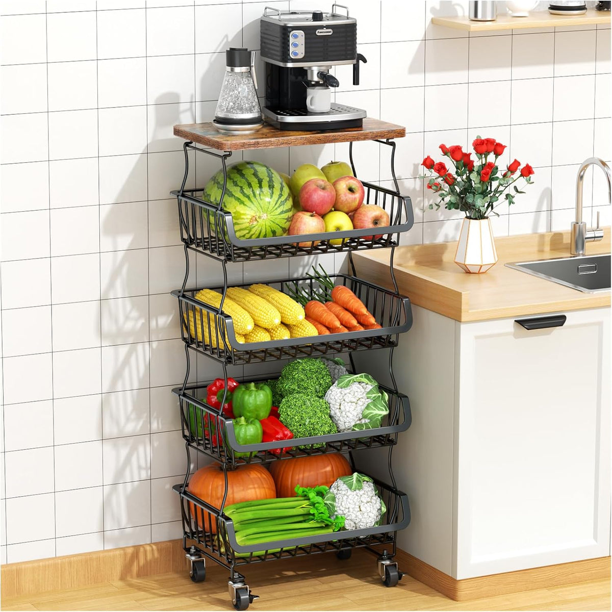 Gsiekare 5 Tier Fruit and Vegetable Basket for Kitchen with Wheels