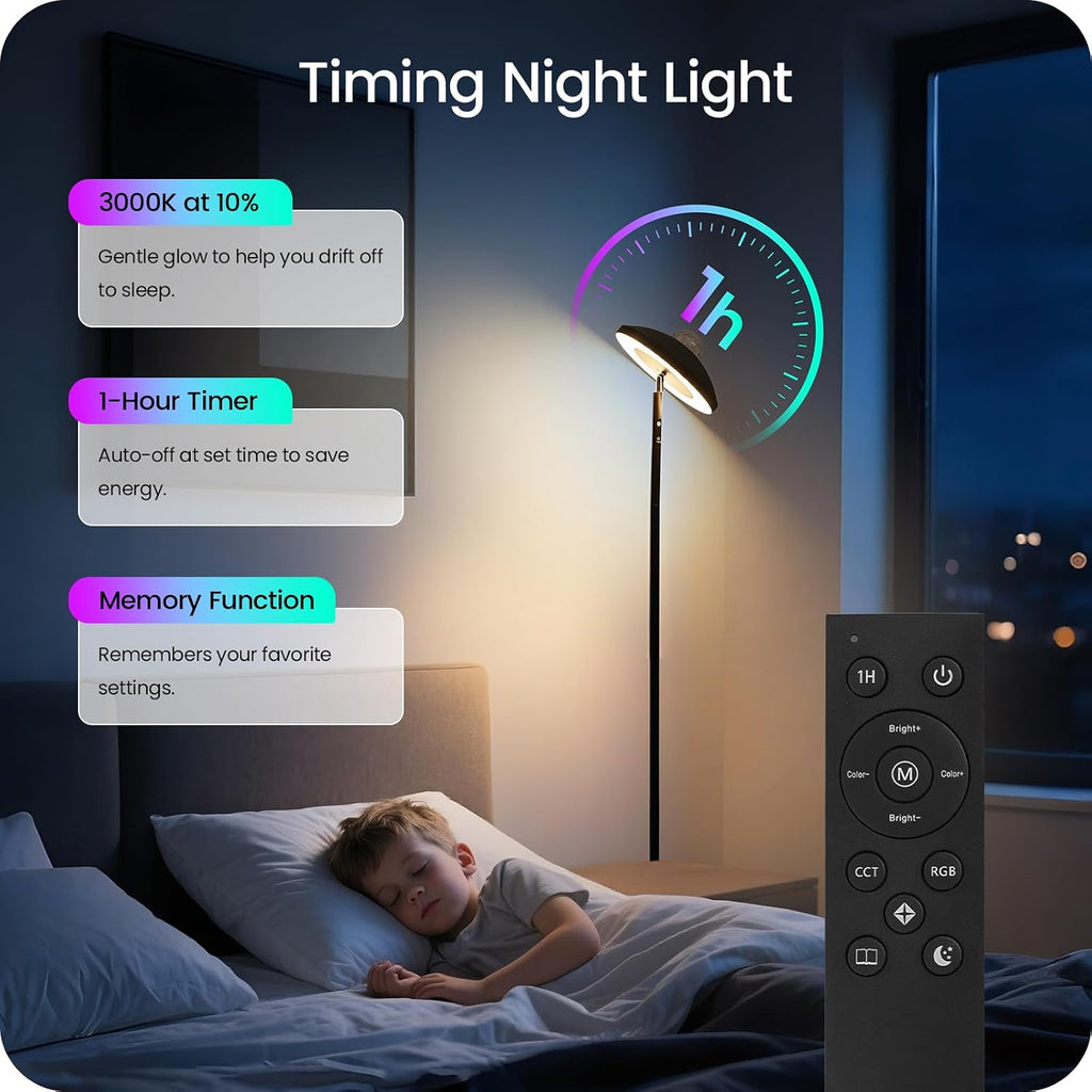 LED Floor Lamp with RGB Galaxy Projector, 18W Double Sided Corner Light Rotatable, Dimmable Standing Lamp with Remote, Black Modern Lamp for Living Room, Bedroom, Kids Room, Gaming B14LD05