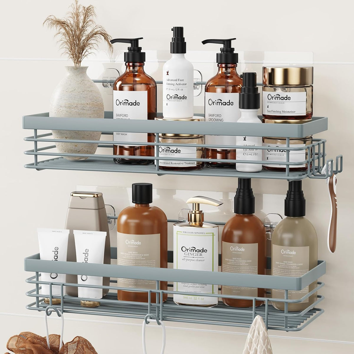 Orimade Shower Caddy with 5 Hooks for Hanging Razor and Sponge Adhesive Shower Shelf Basket Bathroom Storage Organizer Kitchen Rack No Drilling Stainless Steel Rustproof - 2 Pack, Light Blue Grey