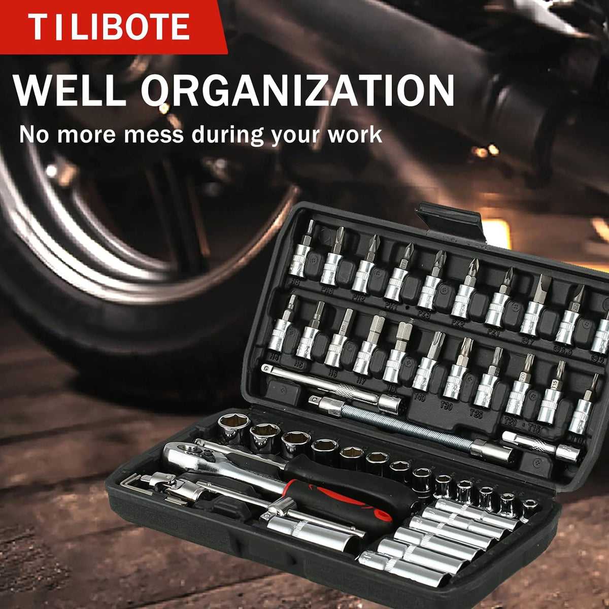 Socket Wrench Set, 53PCS 1/4 Inch Ratcheting Wrench Set And Extension Bar Gimbal Slide Bar Extension Sockets, Set For Automotive Repair And Home Use.