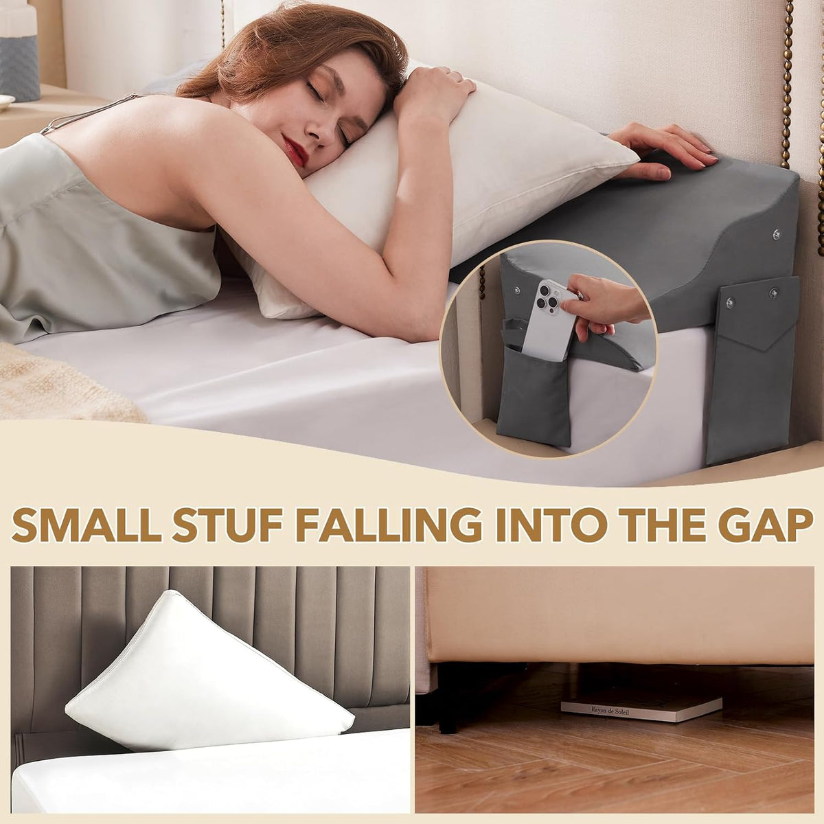 Queen Size Bed Wedge Pillow for Headboard – Mattress Gap Filler Wedge (0–8"), Close Gap Between Headboard and Mattress, Stop Pillows Falling, Wave Wedge, Large Bed Pillow, Gray (60"x10"x6")