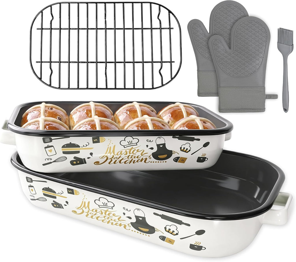 Enamel Turkey Roasting Pan with Rack Set, Casserole Dishes for Oven