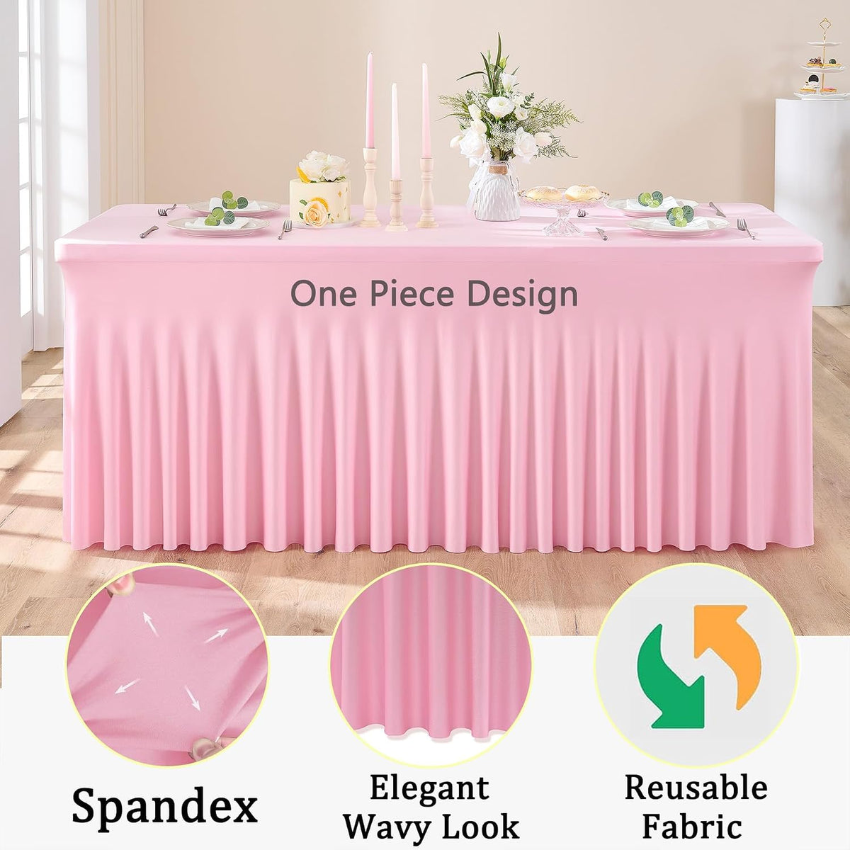 4pk Spandex Tablecloths for 6 Foot Rectangle Tables, Pink Stretch Table Cloth 6ft Fitted Table Cover Desk Skirt for Parties Weddings Birthday Banquet Baby Shower