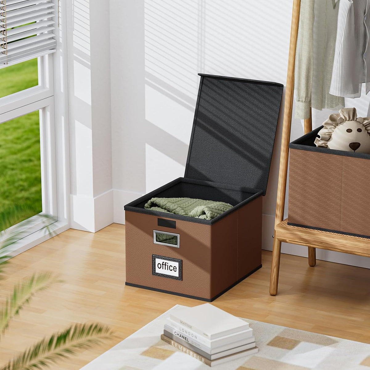 Foldable File Organizer Box with Lids (1 Pack, Brown, Leather)