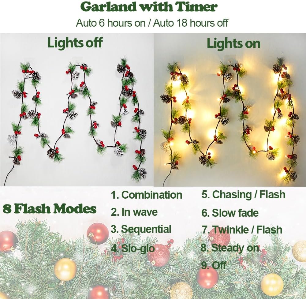 2026 Upgraded Christmas Garland Lights 9.84FT Holiday Prelit Garlands Pine Cone with Red Berry Battery Operated with Timer Garland Wreath Xmas Decor Lights for Outdoor Indoor Christmas Home Decoration