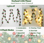 2026 Upgraded Christmas Garland Lights 9.84FT Holiday Prelit Garlands Pine Cone with Red Berry Battery Operated with Timer Garland Wreath Xmas Decor Lights for Outdoor Indoor Christmas Home Decoration