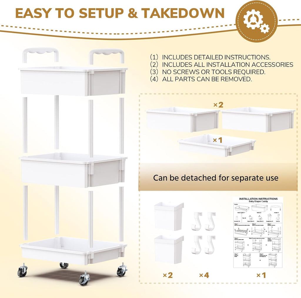 Diaper Cart with Lockable Wheels and Easy Assembly, 3 Tier White