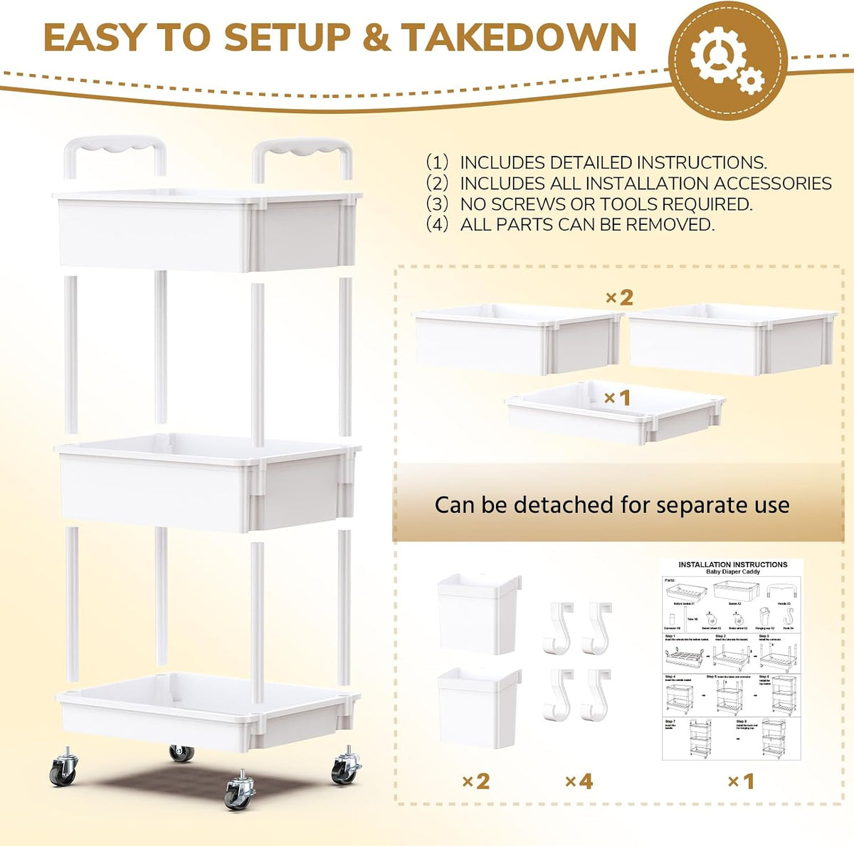 Diaper Cart with Lockable Wheels and Easy Assembly, 3 Tier White