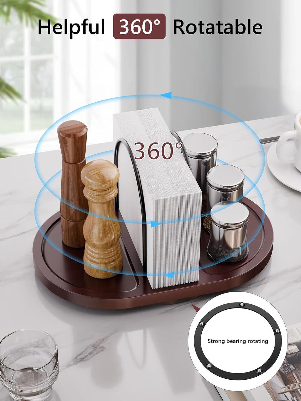 Walnut Rotating Napkin Holder with Salt & Pepper Shaker Storage