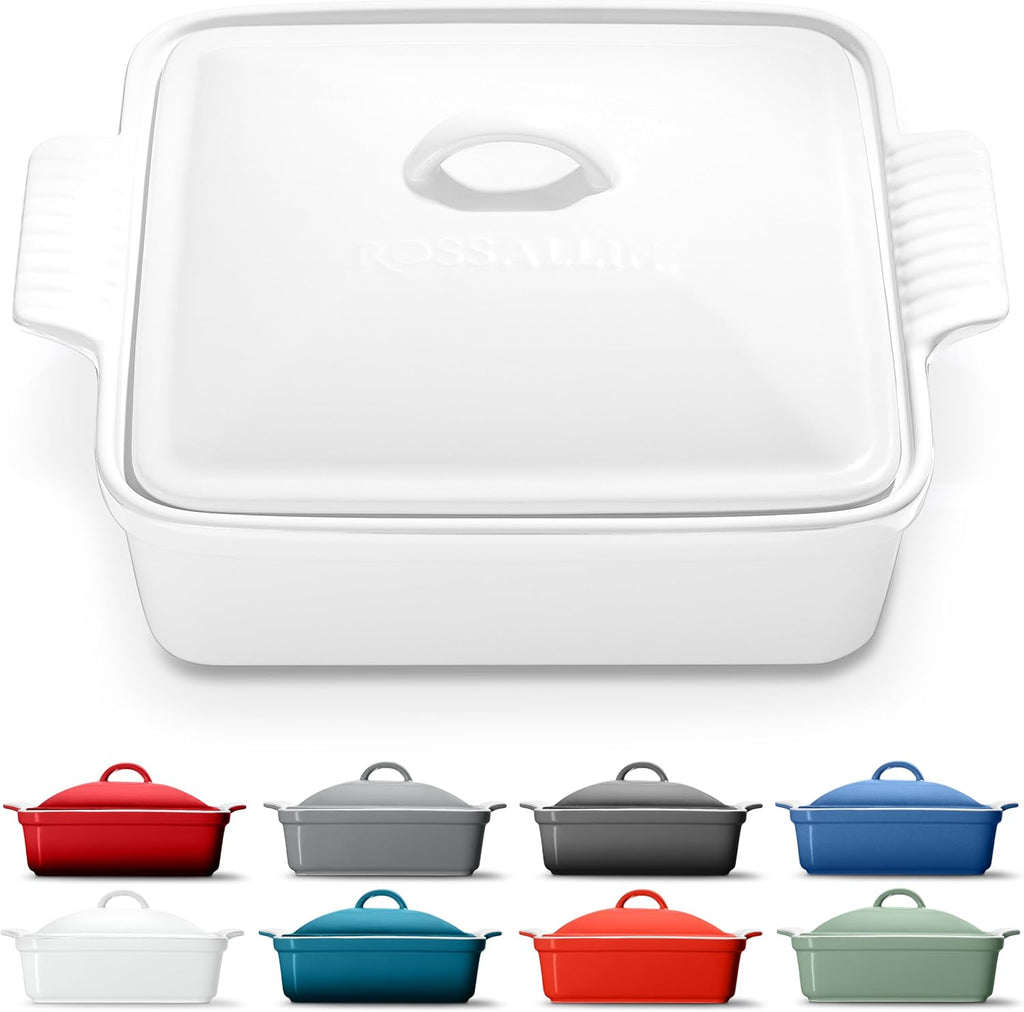 Square Stoneware Casserole Dish with Lid, 2.5 Qt, Glossy White