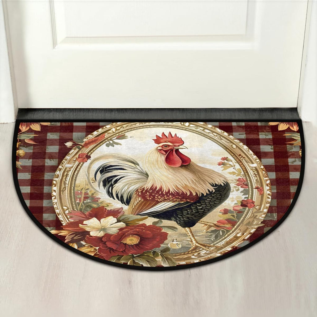 Half Round Door Mat Vintage Plaid Rooster Chicken Non-Slip Semi Circle Area Rug Washable Half Moon Hearth Rugs for Indoor Outdoor Bathroom Kitchen Patio Runner Mat Laundry Room Home Decoration