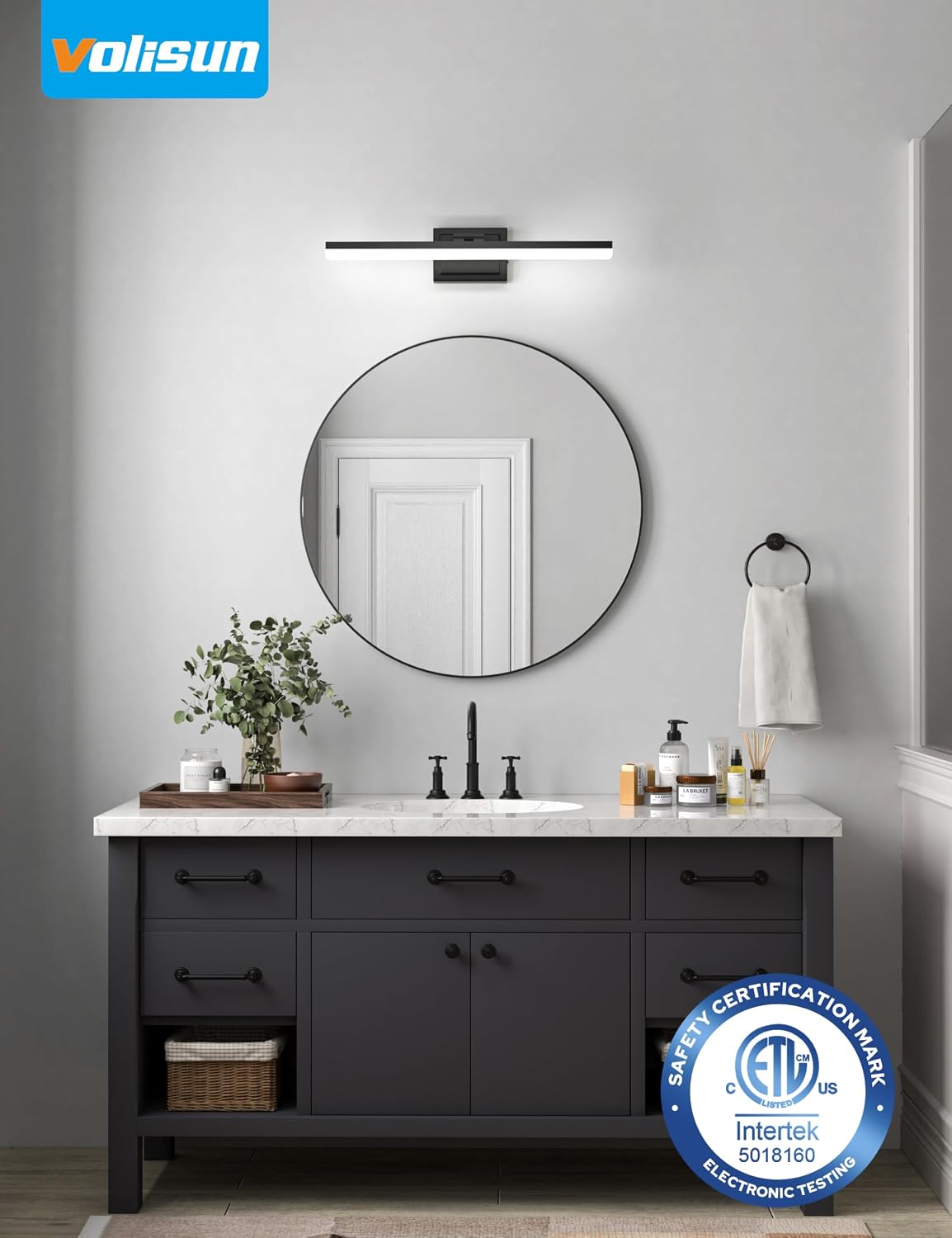 VOLISUN Modern Bathroom Vanity Light 24 inch, 24W Dimmable 5CCT Led Bathroom Light Fixture Over Mirror, Black Bar Vanity Light for Bathrooms Mirror Cabinets Bedroom-ETL Certificated
