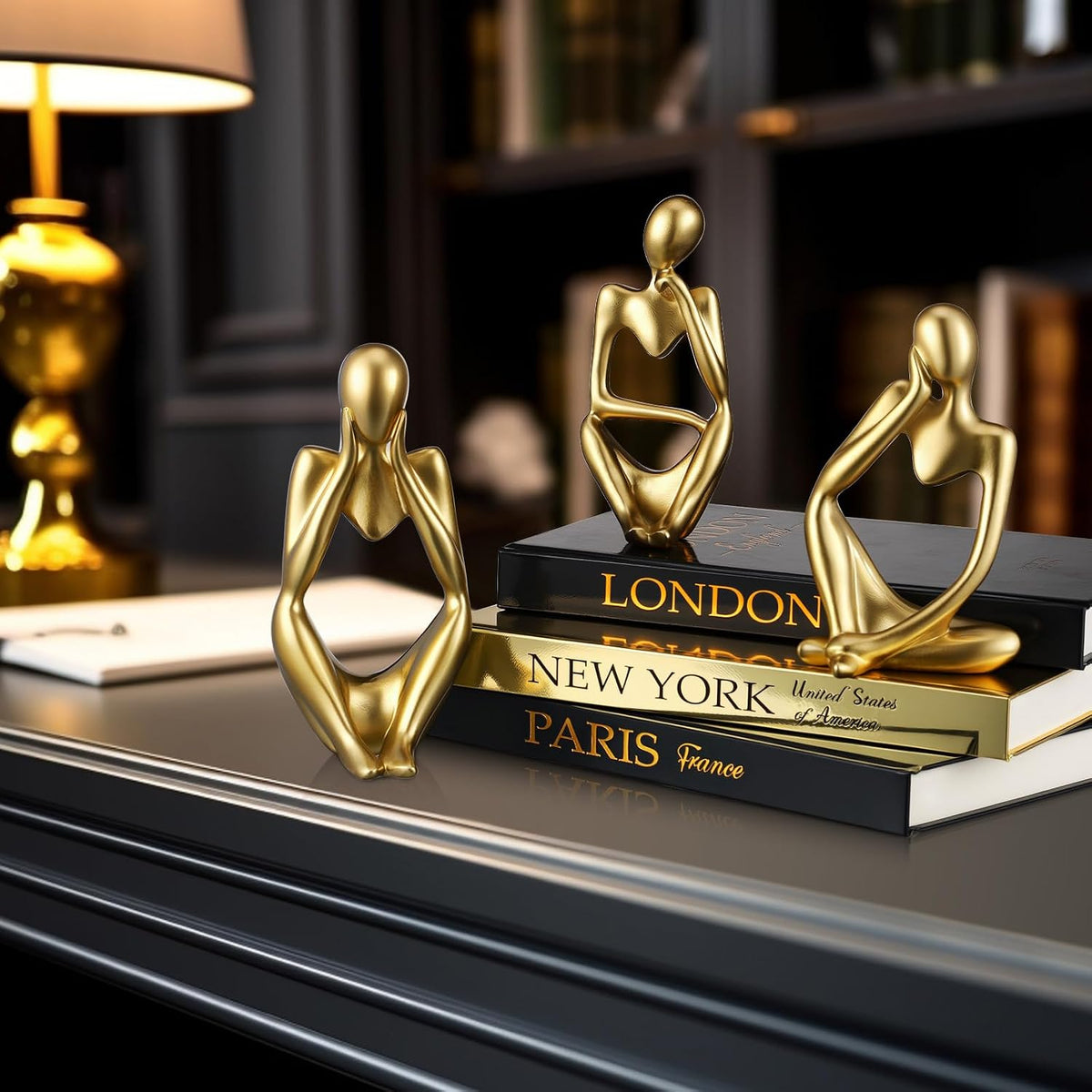 Feifeiya 6 Pcs Gold and Black Color Decorative Book & Thinker Statue Set