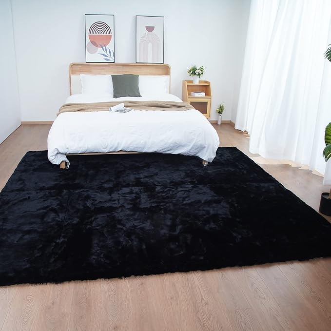 Ghouse Black 8x10 Area Rug Fluffy Faux Rabbit Fur Rug Black Plush Shag Rug - Image 2