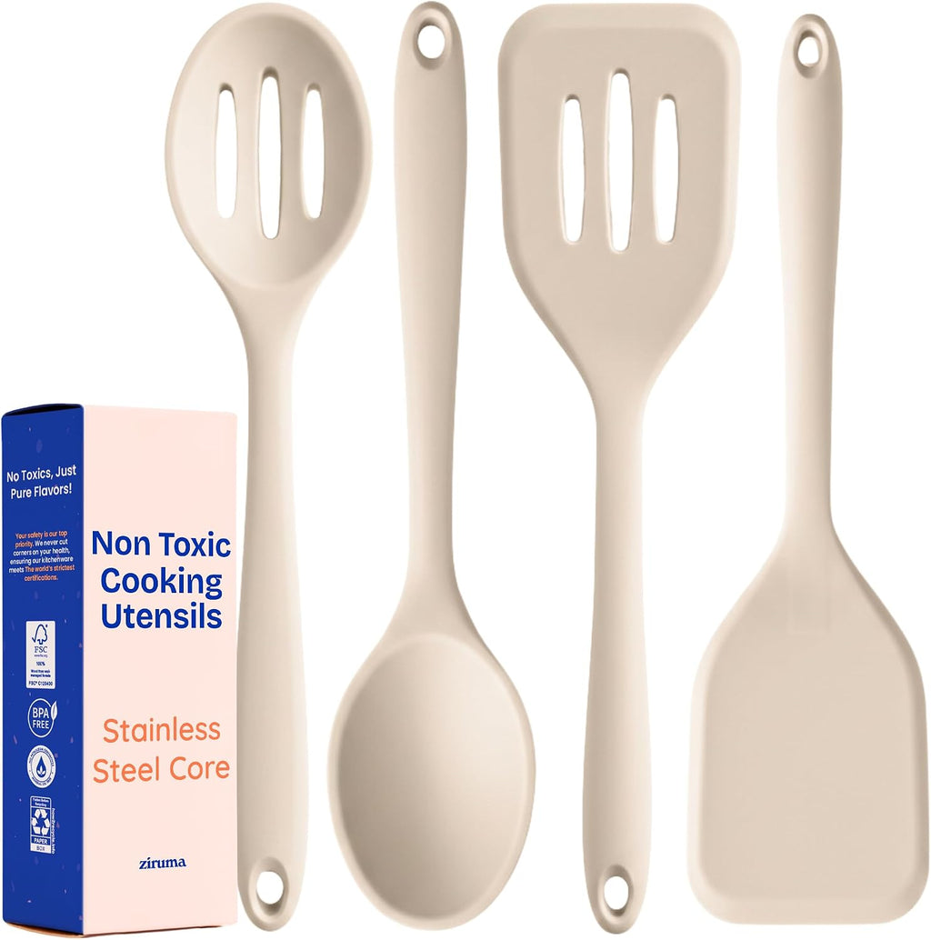 NonToxic Platinum Silicone Utensils, 100% Plastic-Free, 8-Pcs, Beige