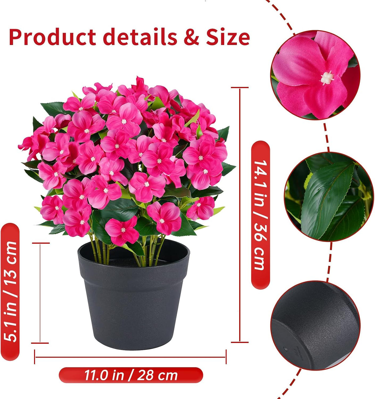 Artificial Impatiens Flowers in Pot for Outdoor 14 Inch Fake Plants