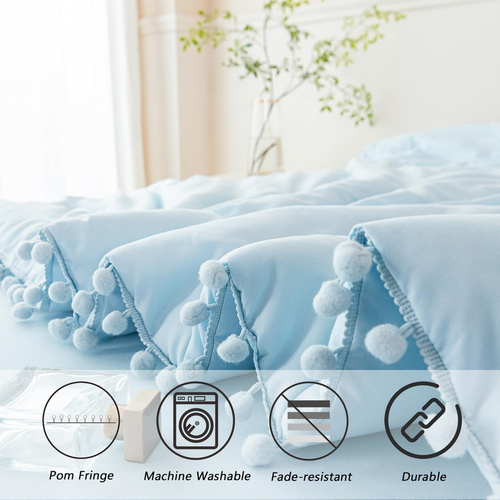 PERFEMET 5 Pieces Twin Bedding Sets Light Blue Pom Pom Comforter for Girls