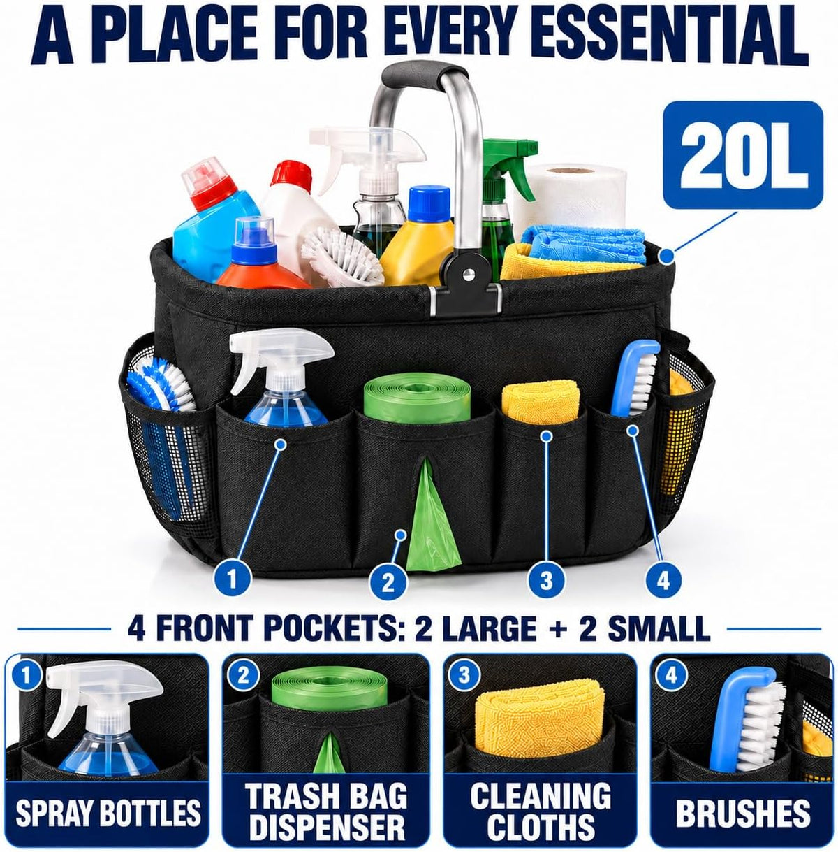 20L Foldable Cleaning Caddy with Handle, Black Storage Basket