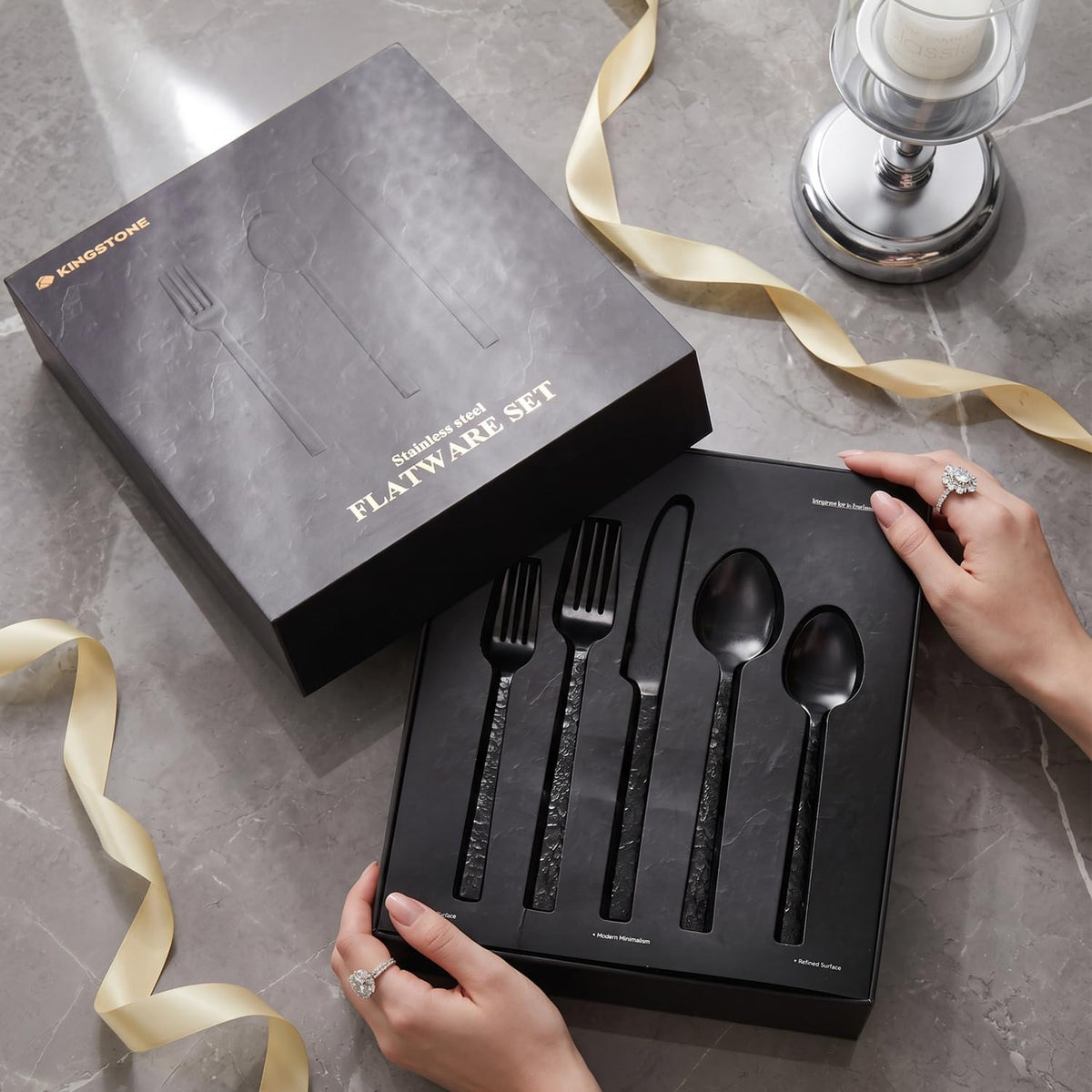 65 Pcs Black Hammered Silverware Set with Serving Utensils for 12