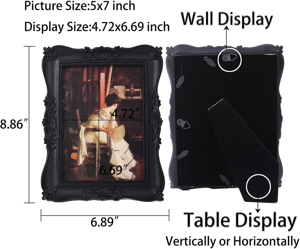 Antique Picture Frames 5x7 Vintage Ornate Gothic Picture Frames Victorian Home Decor Retro Gallery Wall Decor with Front Glass for Wall Mount and Tabletop, Black