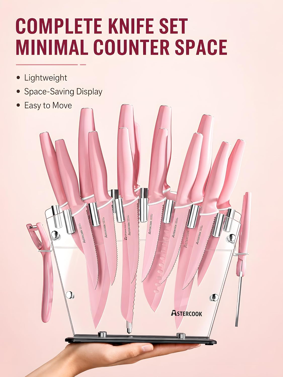 Astercook 22 Piece Kitchen Knife Set with Block and Sharpener, Pink