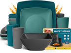 Teivio 16 piece Plastic Plates and Bowl Set for 4,Square Dinnerware Set