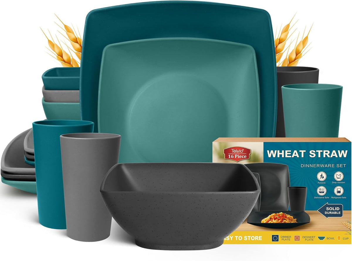 Teivio 16 piece Plastic Plates and Bowl Set for 4,Square Dinnerware Set