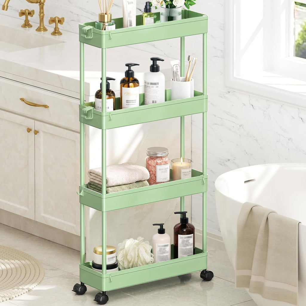 SPACEKEEPER Slim Rolling Storage Cart, 4 Tier Bathroom Cart Organizer,Green