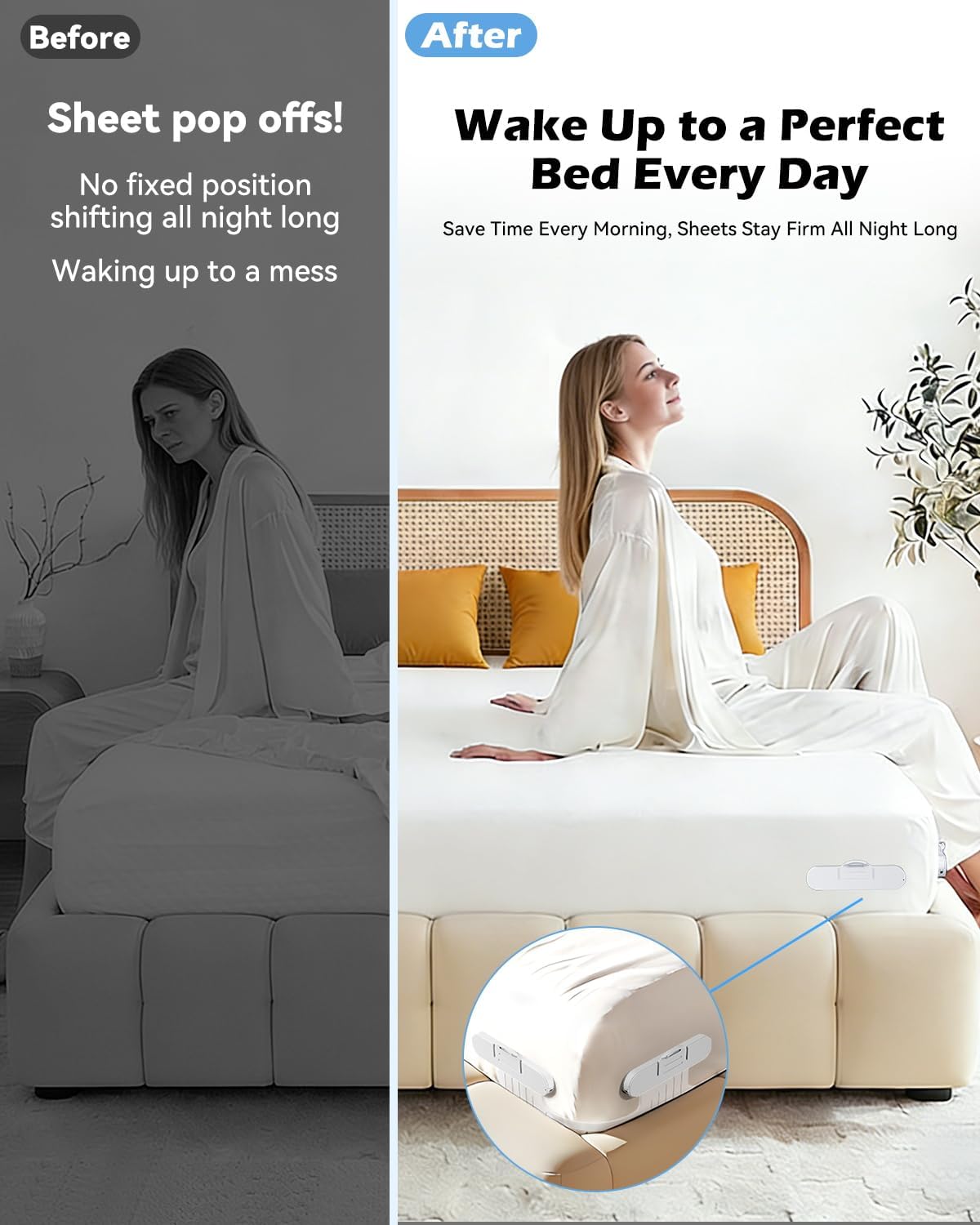 Bed Lock Sheet Holders Fit All Sheet Size, No Need to Flip the Mattress & Tight, Bed Fitted Sheet Holder for Corners, Sheet Clips, ABS Material with High Flexibility, Sheet Secure Lock Fasteners,White