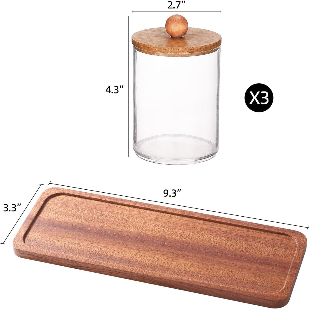 Tbestmax Qtip Holder with Vanity Tray, Clear Bathroom Containers Dispenser for Storage Cotton Swab/Ball/Pad Holder Wood Lids