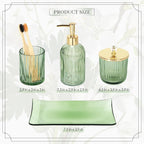 Designer Green Glass Bathroom Accessories Sets - 4 Pcs with Lotion Soap Dispenser, Bathroom Toothbrush Holder, Vanity Tray, and Apothecary Jar, Vintage Bathroom Decor