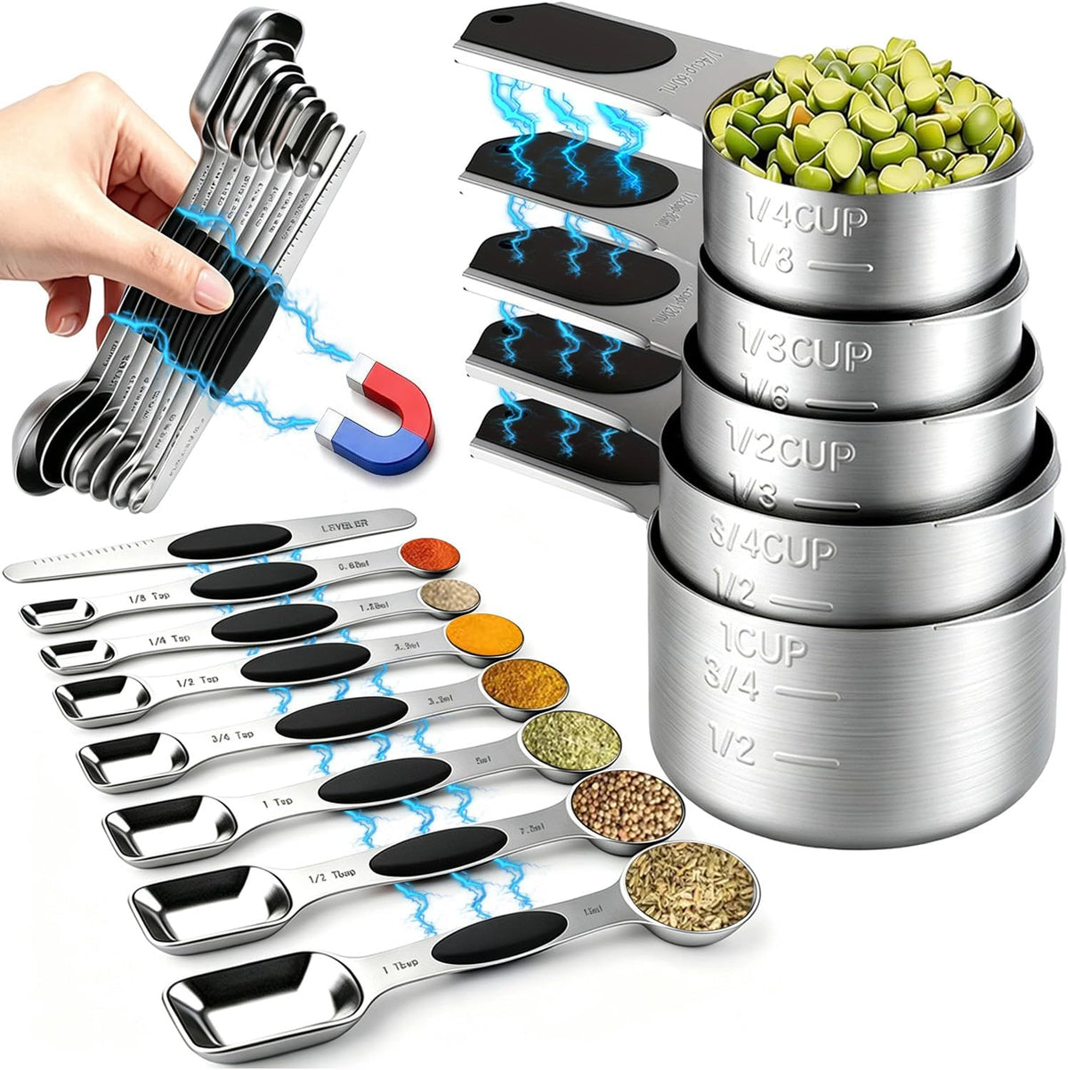 Measuring Cups and Spoons Set,304 Stainless Steel 5 Magnetic Measuring Cups and 8 Sigle Sided Measuring Spoons with 1 Leveler,Kitchen Gadgets for Cooking & Baking
