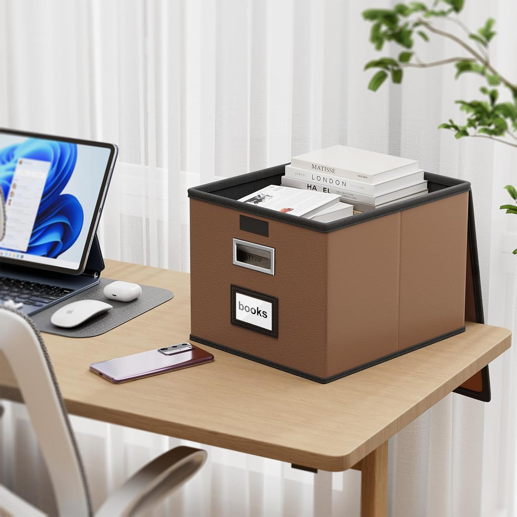 Foldable File Organizer Box with Lids (1 Pack, Brown, Leather)