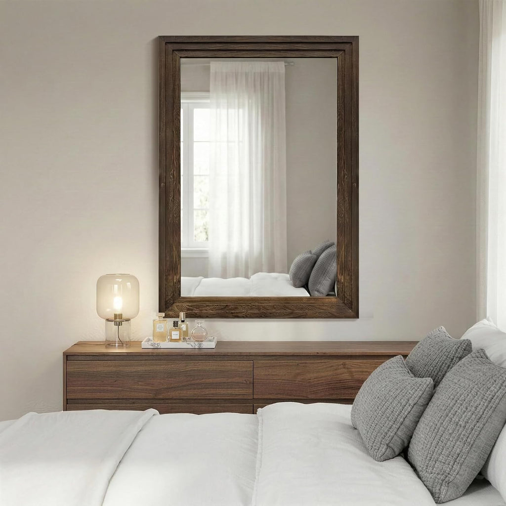 Farmhouse Rustic Wood Framed Bathroom Vanity Mirror for Wall, 24x36, Brown