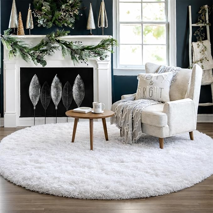 Round Rugs 5Ft White Circle Area Rug, Fluffy Fuzzy Bedroom Carpets - Image 6