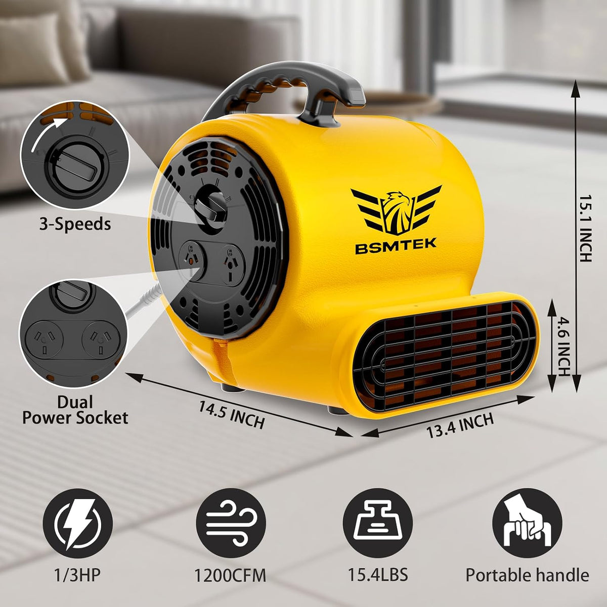 Air Mover Blower Fan, Industrial 1/3HP 1200CFM Monster Floor Blower Carpet Dryers - 3 Speeds Switch, 4 Adjustable Angles, 15FT Long Cord, Stackable - 2025 Upgraded