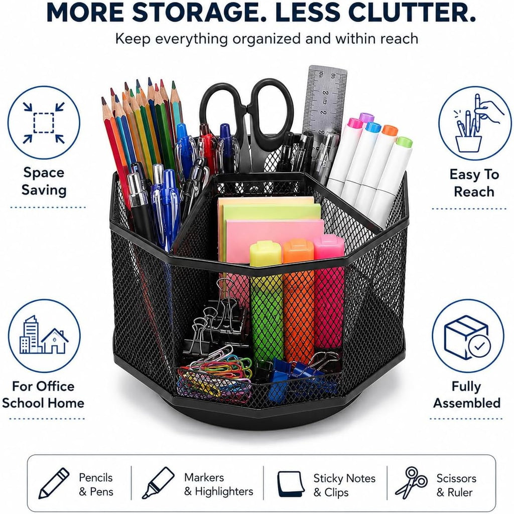 Exerz Desk Organizer 360 Rotating Pen Holder 5 Compartments Caddy Black