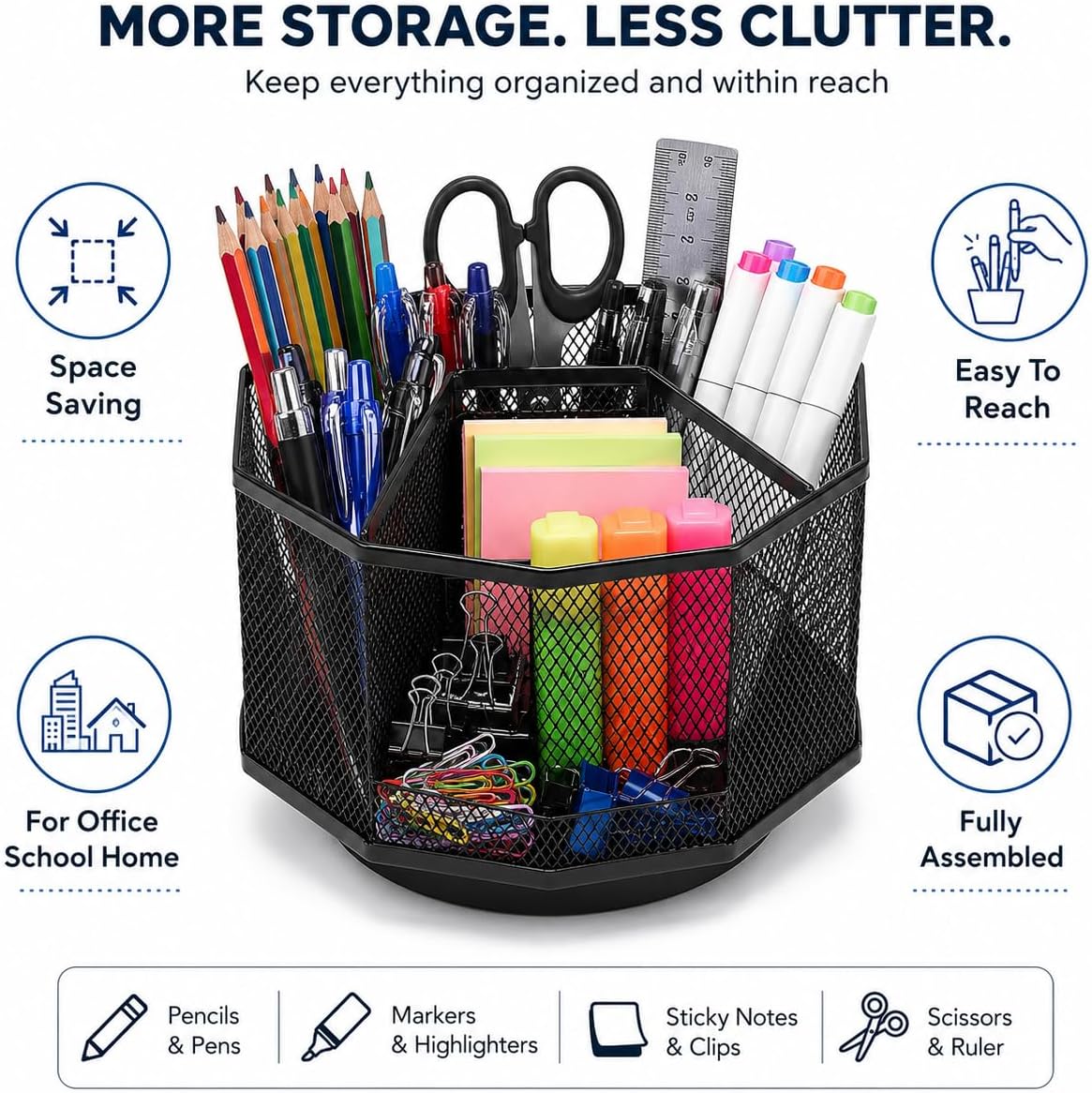 Exerz Desk Organizer 360 Rotating Pen Holder 5 Compartments Caddy Black