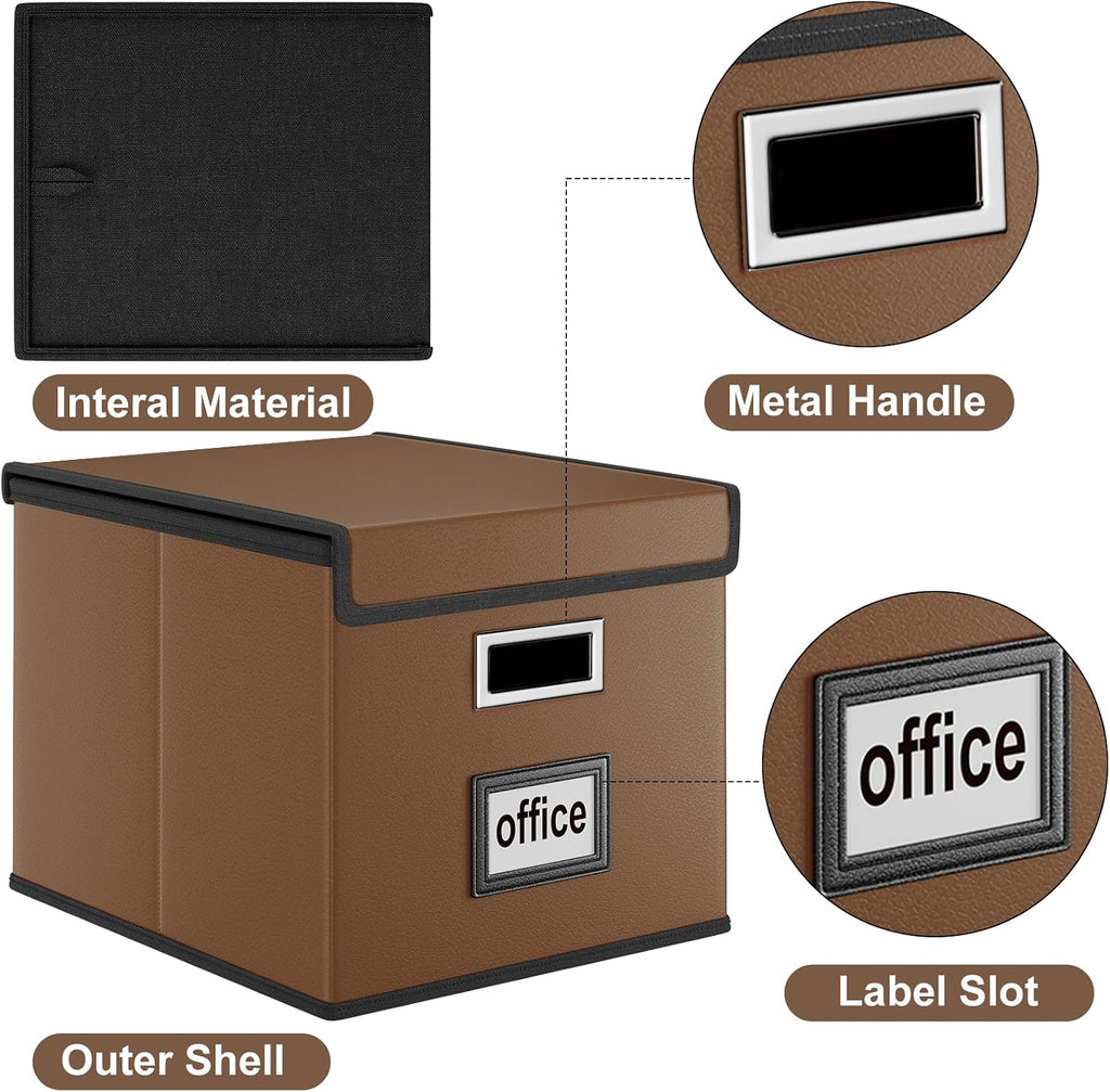 Foldable File Organizer Box with Lids (1 Pack, Brown, Leather)