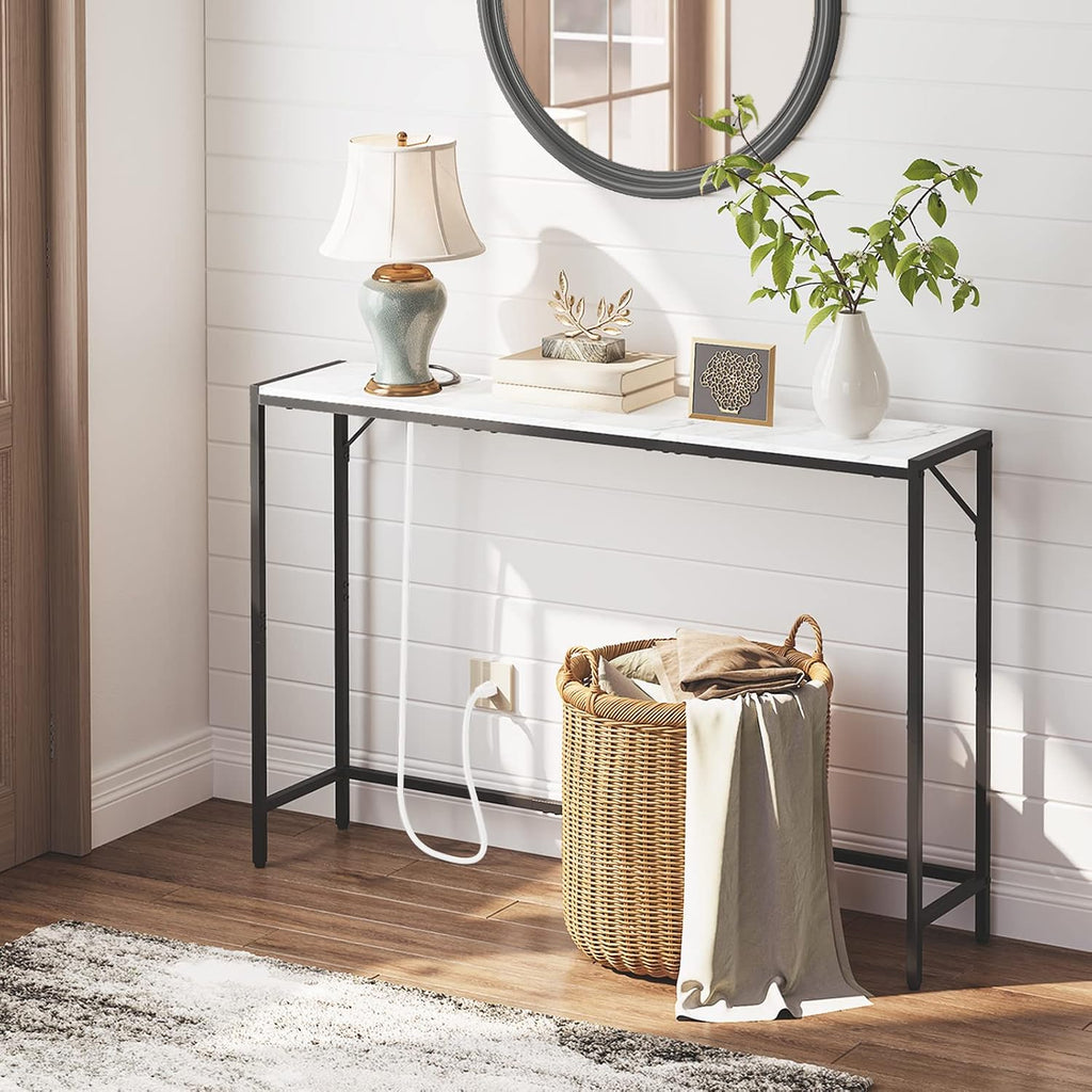 MAHANCRIS Narrow Console Table, 43.7" Sofa Table with Outlets, Marble&Black