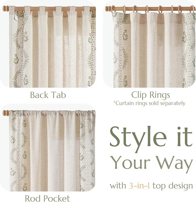 jinchan Belrose Linen Curtains for Bedroom Floral Curtains 72 Inch Length Linen - Image 6